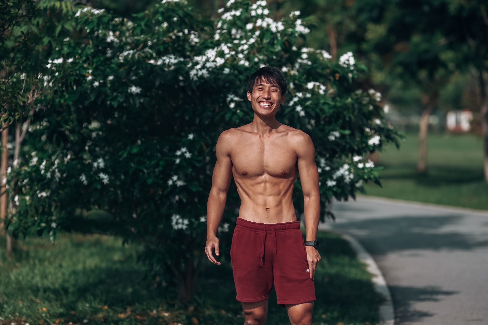 Zermatt Neo outdoors in red training shorts