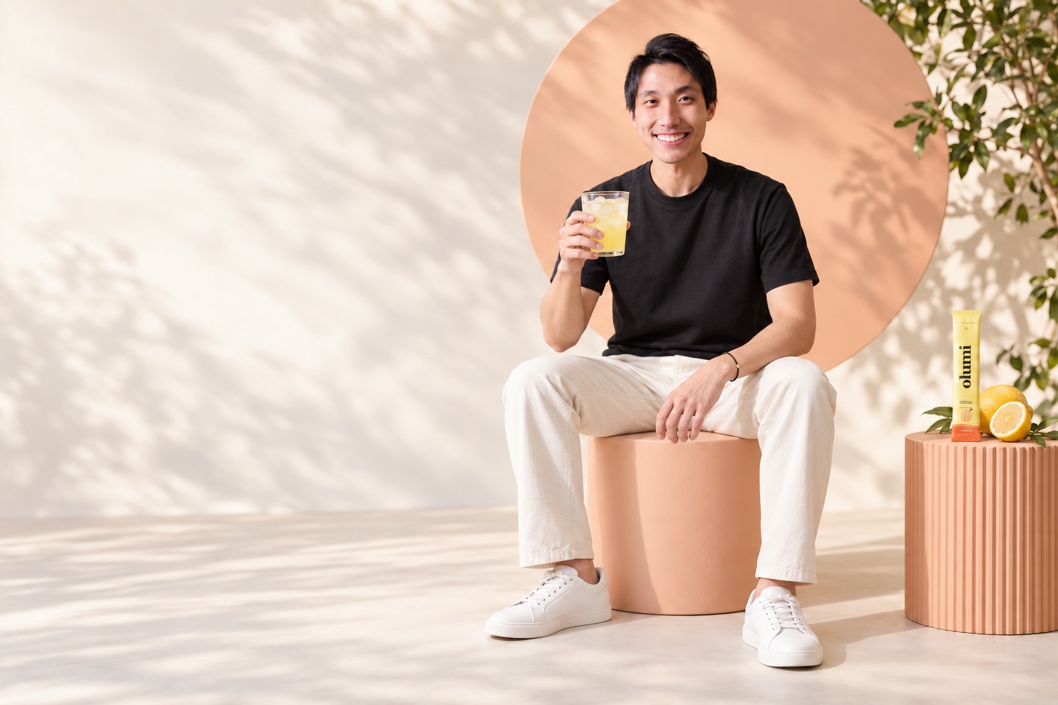 Generated Olumi campaign portrait of Zermatt Neo with a citrus drink and a slim citrus sachet